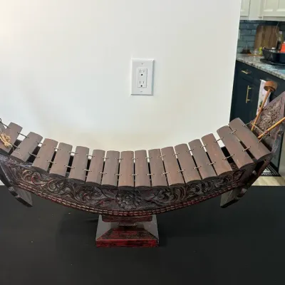 Vintage Ornate Hand-Carved Thai Ranat Ek Wooden Boat Xylophone with Mallets
