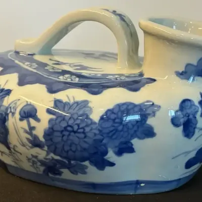 Blue & White Floral Ceramic Ewer with Handle – Decorative Vase