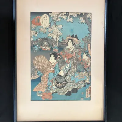 Framed Japanese-Style Textile Artwork – Geisha Figures & Landscape