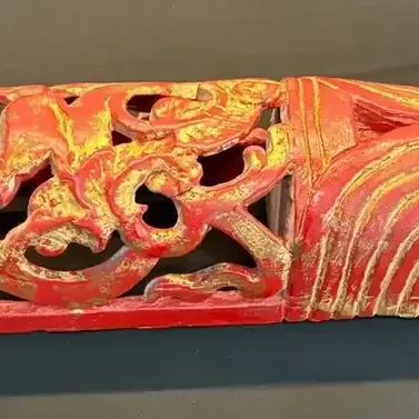 Handcrafted Red Carved Wood Decorative Panel – Intricate Openwork Design