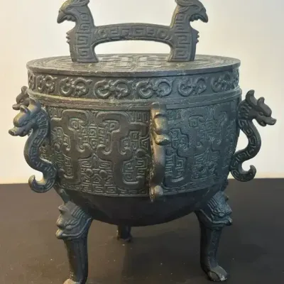 Chinese-Style Decorative Tripod Censer with Dragon Handles & Lid