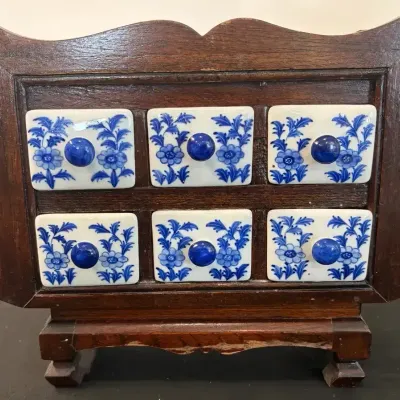 Wooden 6-Drawer Cabinet with Blue & White Floral Ceramic Drawer Pulls