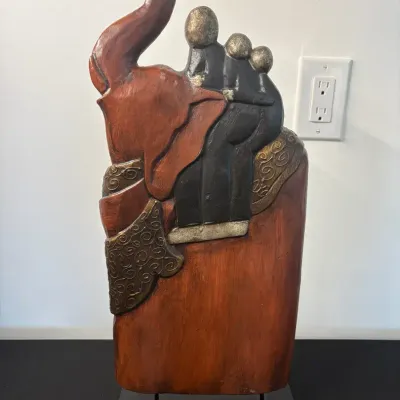 Decorative Elephant and Figures Sculpture on Base - Made in Indonesia - 23.5" Height