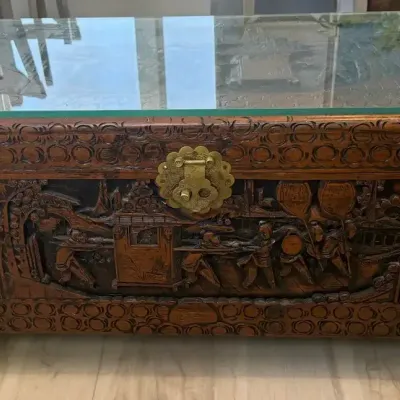 Carved Wooden Storage Chest / Coffee Table with Glass Top – Hand-Carved Decorative Scenes