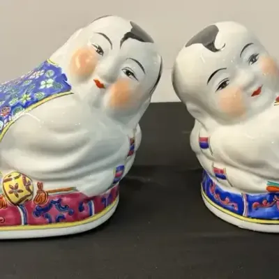 Pair of Japanese Ceramic Pillows – Reclining Figures – Blue & Red Floral