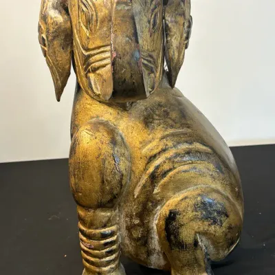 Large 14” Vintage Hand-Carved Gilt Wood Sitting Elephant Figurine