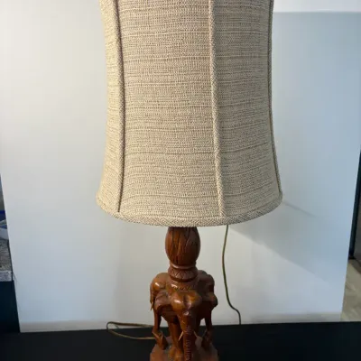 Hand-Carved Wooden Triple Elephant Table Lamp with Elephant Finial