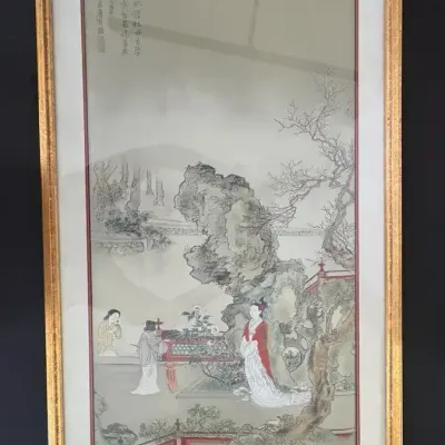 Framed Asian-Style Garden Scene Printed on Fabric – Approx 21” x 41”