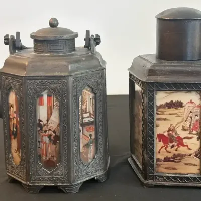 Decorative Asian-Style Metal Teapot & Lidded Container Pair – Painted Scenes