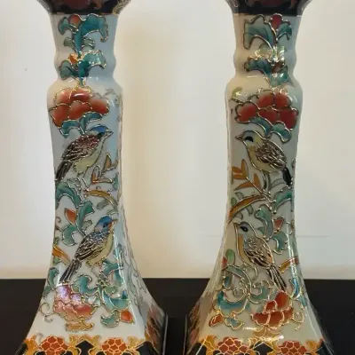 Pair of Decorative Vases with Birds and Floral Design