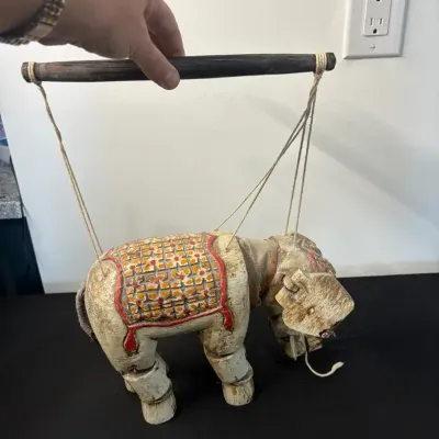 Carved & Painted Wooden Elephant Puppet/Marionette with Control Rod