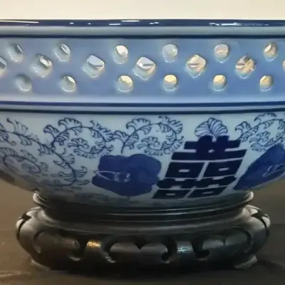 Blue & White Porcelain Pierced Bowl – Floral & Longevity Design – Approx. 10”
