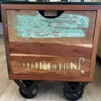 Wood Rolling Storage Chest / Coffee Table with Glass Top & Drawer