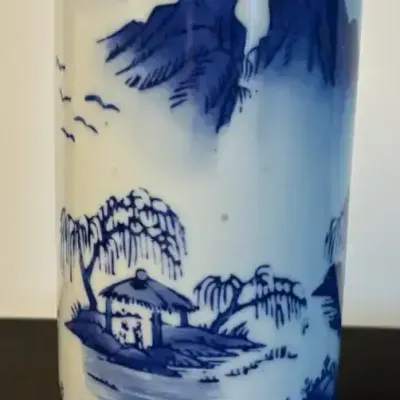 Blue & White Landscape Design Ceramic Vase / Brush Pot – 6.5”