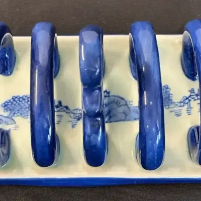 Blue & White Ironstone 5-Slot Toast Rack with Scenic Design