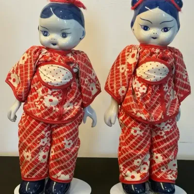Set of 2 Porcelain Asian Dolls with Red & White Traditional-Style Outfits