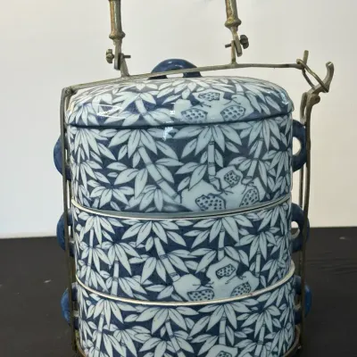 Blue & White 3-Tier Porcelain Food Carrier with Brass-Tone Frame