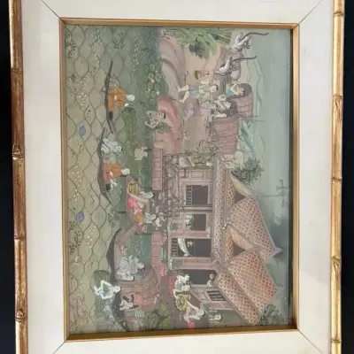 Framed Asian-Style Textile Artwork – Village Scene with Figures & Elephants