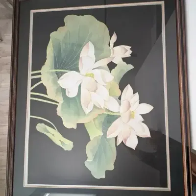 Framed Lotus Flower Artwork – White Lotus Blooms & Green Leaves