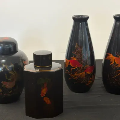 Japanese Decorative Black Vessels with Goldfish Designs – 4 Piece Set
