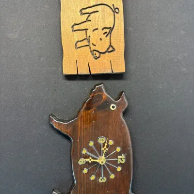 Vintage Wooden Pig Wall Clock & Pig Plaque