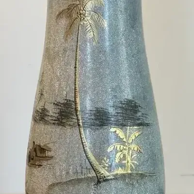 Decorative Crackle-Finish Vase with Asian-Inspired Scene