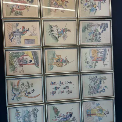 Set of 15 Framed Chinese Storybook Illustrations / Pages with Stories on Back