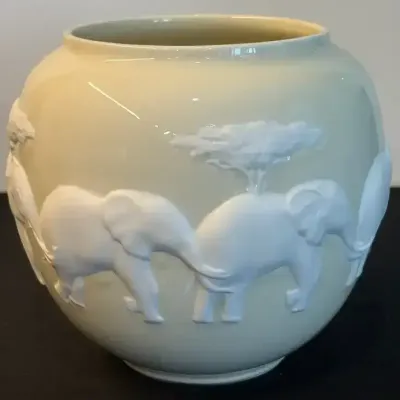 A. Raynaud & Cie Limoges Porcelain Vase – White Raised Elephant & Tree Design – 8”