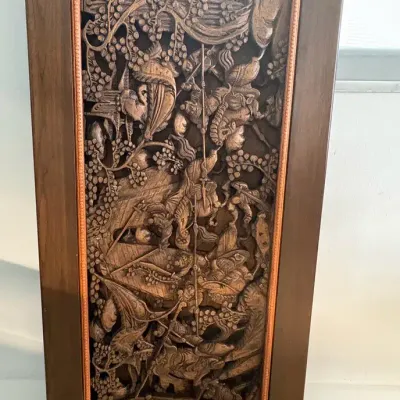 Framed Carved Wood Relief Panel with Figures and Boats