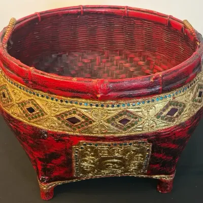 Decorative Red & Gold Woven Basket with Handles