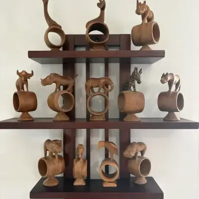 Lot of 12 Carved Wooden Animal Napkin Holders with Wall-Mount Display Shelf