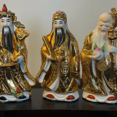 Set of 3 Asian-Style Porcelain Figurines with Gold-Tone Decoration