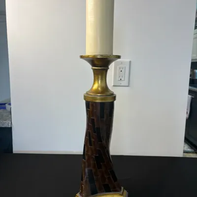 Tall Twisted Faux-Tortoiseshell Pillar Candle Holder with Cream Candle - 26" Total Height