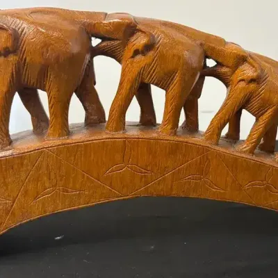 Carved Wooden Elephant Bridge Arch Sculpture – Approx. 16”