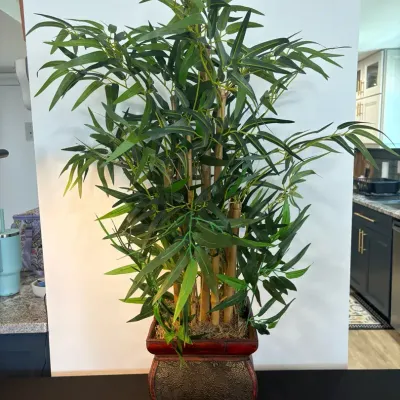 Asian Style Decorative Wooden Planter with Faux Green Plant – 33” Tall