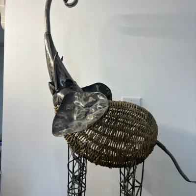 Mixed Media Woven Rattan & Metal Elephant Figurine - 33" Height