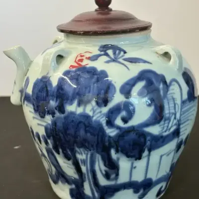 Blue & White Chinese Porcelain Teapot with Wooden Lid