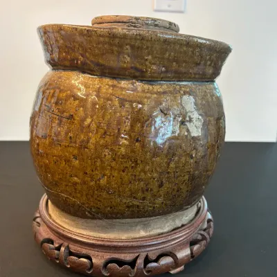 Glazed Ceramic Pottery Vessel with Raised Center – Brown & Amber