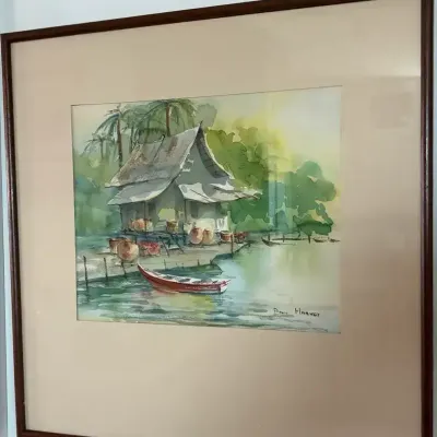Signed Ann Harvey Watercolor Painting – Asian Waterfront Scene – Framed