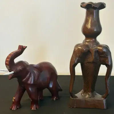 Thai Wooden Elephant & Candlestick Figure Pair