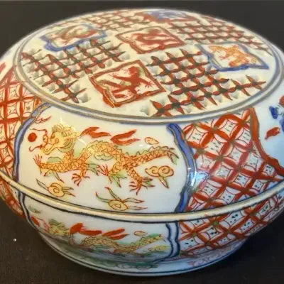 Chinese Porcelain Covered Bowl with Dragon & Floral Features