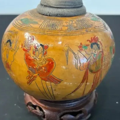 Vintage Hand-Painted Gourd Cricket Cage Jar with Carved Jade Inset Lid & Wood Stand