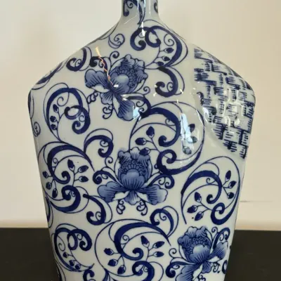 Blue & White Chinese-Style Floral Ceramic Vase – Approx. 10”