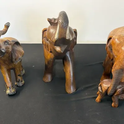 Lot of 3 Assorted Decorative Elephant Figurines - Faux and Hand-Carved Wood
