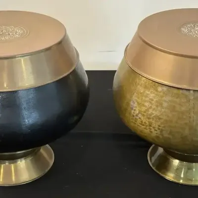 Pair of Buddhist Monk Alms Bowls with Pedestal Bases & Lids