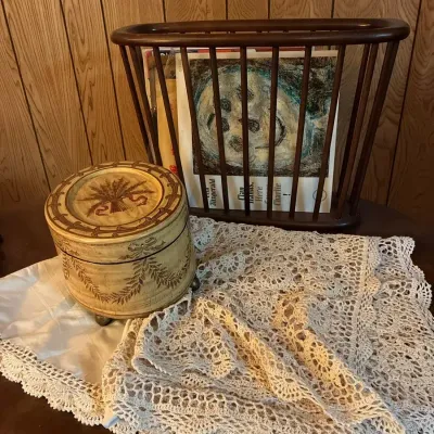 Two Lace Table Covers, Record Collection & Trinket Box 
