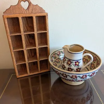 Nicholas Mosse Pottery Bowl & Matching Jug, Vintage Wooden Shadow Box/Trinket Shelf