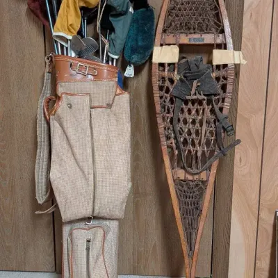 Vintage Golf Clubs And Vintage Wooden Snow Shoes