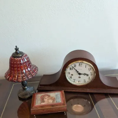 LaCeosse Tambour Style Mantel Clock, Vintage Table Lamp, Reuge Music Box