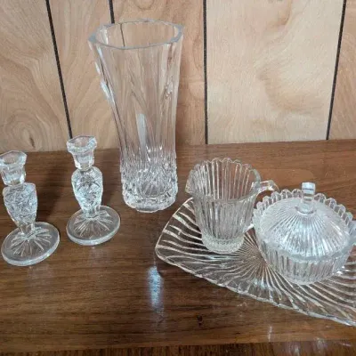 Crystal Sugar & Cream Set, Pinwheel Crystal Candlestick, Crystal Vase W/ Fluted Fan & Diamond Cuts 